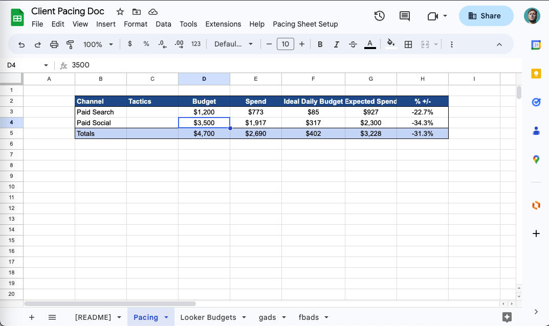 My Google Sheets Pacing Doc